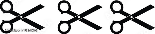 Silhouette illustration of three scissors in open position arranged horizontally, representing cutting tool, trimming concept, and design element for fashion, craft, and graphic projects