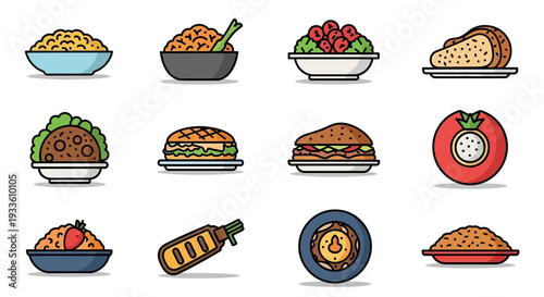 Assorted food illustrations showcasing various dishes, ingredients, and meals on plates and in bowls from a top-down perspective.