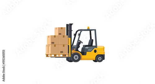 A vibrant yellow forklift is digitally illustrated, actively lifting four stacked cardboard boxes on a wooden pallet against a clean white background.