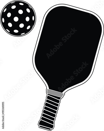 Silhouette illustration of pickleball paddle and ball with perforated design, symbolizing popular sport equipment, recreational activity, competitive game, fitness exercise, and outdoor leisure fun