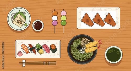 Assorted Japanese cuisine including sushi, noodles, and desserts on a wooden table viewed from directly above.