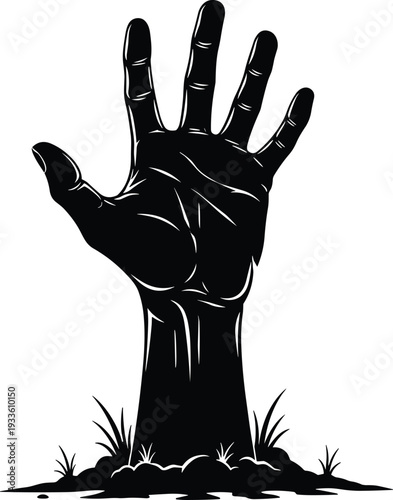 Silhouette of eerie zombie hand rising from ground with grass, spooky horror resurrection concept, Halloween scary illustration, dark dramatic vector design for themes