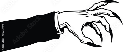 Silhouette of monstrous clawed hand in sleeve, eerie horror illustration, supernatural creepy design, fantasy dark vector artwork for Halloween, spooky scary concept graphic element