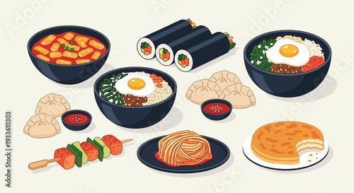 Assorted Asian dishes including noodles and sushi rolls on plates and bowls on a table viewed from above.