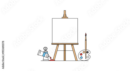 A wooden easel with a blank canvas, paint tubes, a palette, and a paintbrush are digitally illustrated on a clean white background.