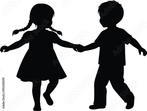 Silhouette of two children holding hands, boy and girl friendship concept, playful kids dancing together isolated on white background, childhood innocence illustration