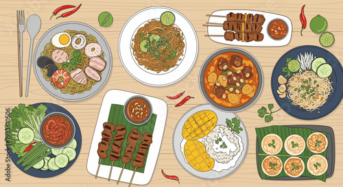 A vibrant assortment of international cuisine beautifully presented on various plates and dishes from an overhead viewpoint