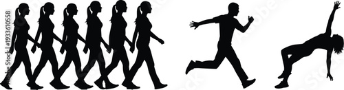 Silhouette sequence of human walking, running, and gymnastic backbend poses, dynamic movement illustration, physical activity vector design, fitness exercise concept for sports and lifestyle themes