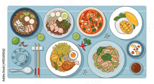 Assorted international dishes beautifully arranged on a blue tablecloth for a global cuisine feast.