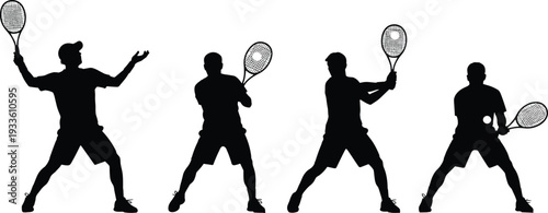 Silhouette sequence of tennis player serving and swinging racket, showing athletic motion, sports technique, and dynamic action poses for fitness, training, and design concepts