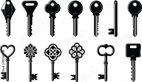 Silhouettes of fourteen different key designs, including modern and vintage styles, symbolizing security, locks, access, antique decoration, and diversity in vector illustration.
