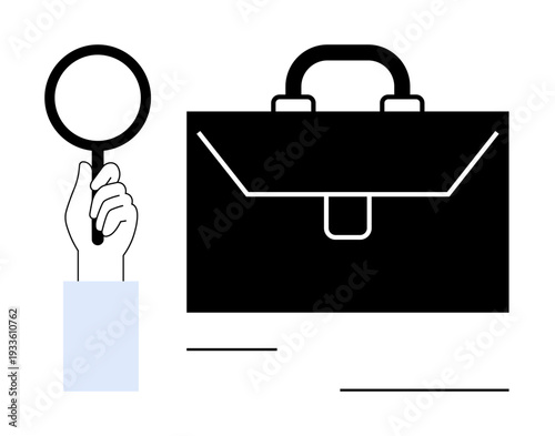 Business analysis, job search, corporate research, professional services, financial review, legal matters. Hand holding a magnifying glass and a briefcase icon. Business analysis and job search