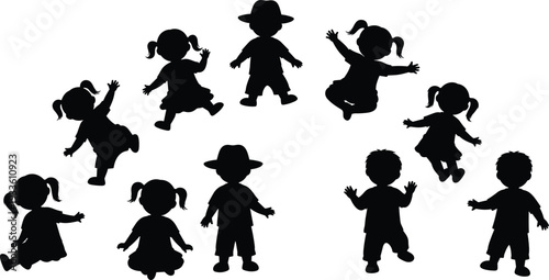 Silhouettes of twelve children in playful poses arranged in semi-circle, symbolizing joy, celebration, energy, childhood fun, happiness, and youthful excitement in vector illustration.