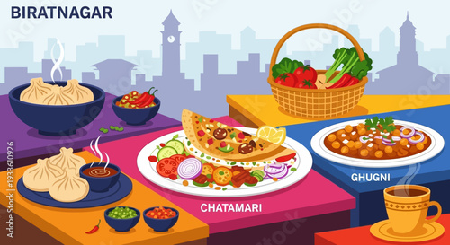 Vibrant street food scene in Biratnagar, Nepal, showcasing diverse dishes from chaat to ghugni