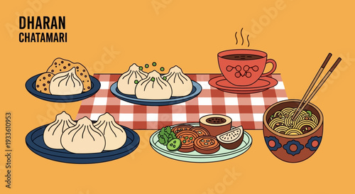 Assorted traditional Nepalese dumplings and tea served on a table with various accompaniments and condiments in a cozy setting overhead view