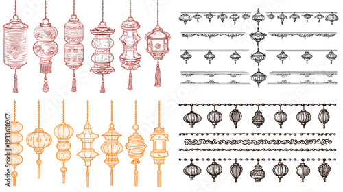 Hand drawn hanging lanterns and decorative border dividers in red gray and orange, festive ornament set for Asian celebrations and holiday design.