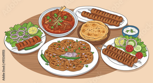 Assorted delicious kebabs and sauces displayed on multiple plates on a wooden table top view