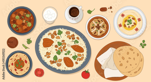 Assorted Middle Eastern dishes beautifully arranged on a wooden table from a top view