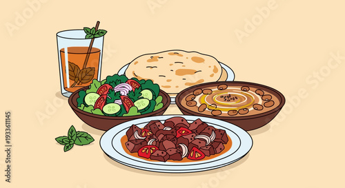 Assorted international dishes including kebabs and salads beautifully arranged on a table from an overhead viewpoint.