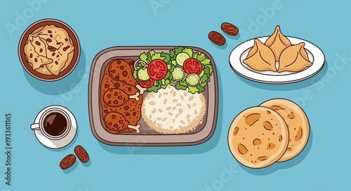 A vibrant meal illustration on a blue table with various dishes and food items from above viewpoint
