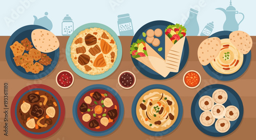 Assorted dishes with various foods displayed on a wooden table top viewed from directly above