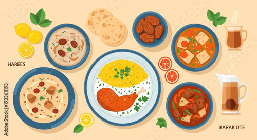 Assorted international cuisine delicacies beautifully arranged on multiple plates and bowls from an overhead viewpoint