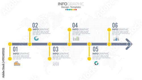 Business timeline infographic with six steps and icons for presentation progress report