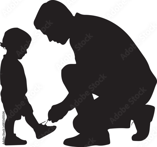 Silhouette of man tying child's shoelaces black