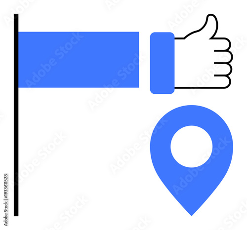Geolocation concept. Thumbs up and geolocation pin location approval and navigation tracking. Geolocation for mapping apps, logistics, travel, business services, digital tools