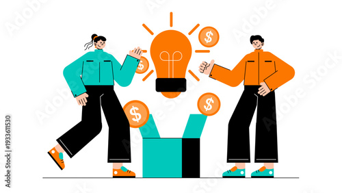 Two entrepreneurs discussing a new business idea with lightbulb and money coming out of box