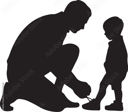 Silhouette of man tying child's shoelaces tying shoelaces