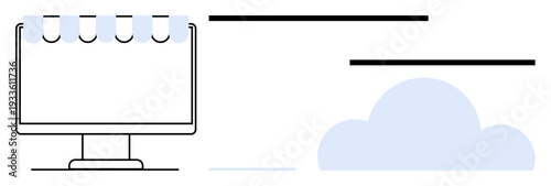 E-commerce, cloud computing, online business, data integration, digital technology, web solutions. A computer monitor with a store awning and a cloud icon. E-commerce and cloud computing concept
