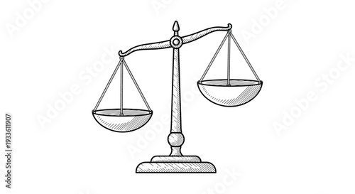 A finely detailed hand-drawn depiction of a classic balance scale features the right tray lower, showing an imbalance.