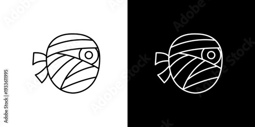 Vector line art icon of a stylized mummy head. Minimalist black and white graphic illustration representing ancient mystery and Halloween