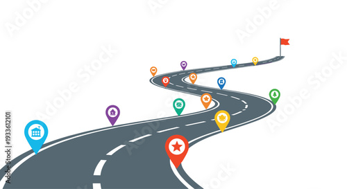 A wide, winding road with multiple colorful location pins curves dynamically across the frame, ascending towards a red flag.