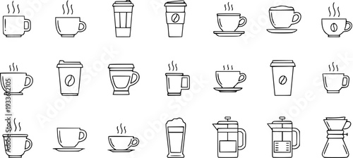 Outline coffee icons collection: hot beverage cups, mugs, takeaway, and brewing equipment line art