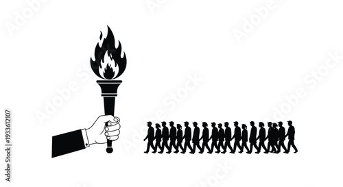 A large hand firmly grasps an ornate torch with a substantial flame, while a long procession of small human silhouettes walks in a single file line.