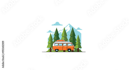 A small orange camper van is parked amidst a cluster of tall green pine trees with stylized blue mountains and clouds in the background.
