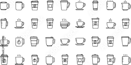 Coffee Cup and Mug Icons Set. Hot Drink Containers, Disposable Cups, and Ceramic Mugs. Line Art Vector Collection