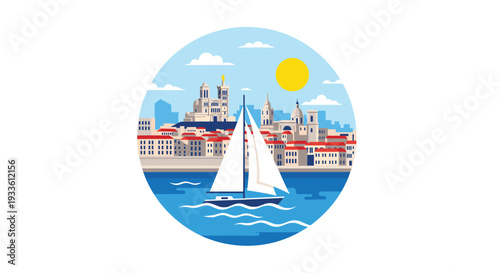 A colorful circular illustration showcases a white sailboat navigating blue waters in front of a detailed Marseille cityscape under a bright sun and cloudy sky.
