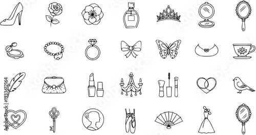 Elegant Woman's Accessories  Beauty Icons - High Heel, Rose, Crown, Lipstick, Mirror, Butterfly