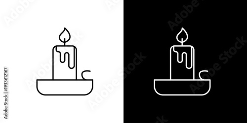 Simple line art icon of a lit candle in a holder on a white and black background