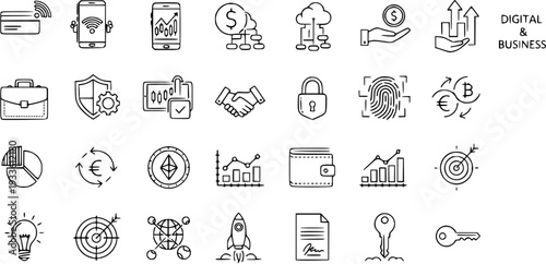 Digital  Business Hand-Drawn Line Art Icons Set. Technology, Finance, Security, Analytics, Growth, Marketing