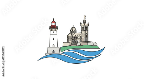 A minimalist line-art illustration displays a white lighthouse and a detailed basilica atop a green hill with three blue waves on a pristine white background.