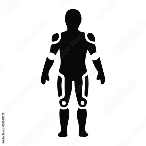 Black silhouette icon of a humanoid figure, symbolizing robotics, artificial intelligence, and bionic technology, illustrating human augmentation and future innovation