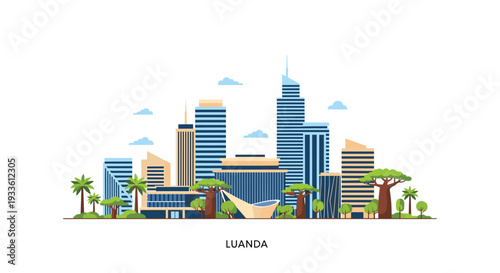 A vibrant flat illustration depicts Luanda city skyline with blue and beige buildings, green trees, and clouds on white.