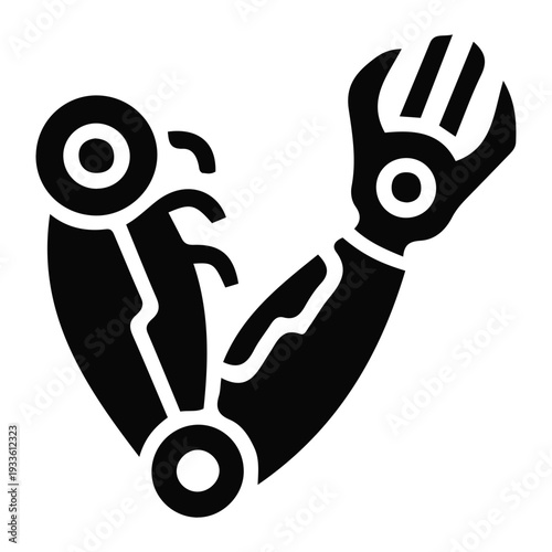 Stylized black silhouette icon depicting a strong, flexing robotic arm grasping a wrench, symbolizing modern engineering, advanced automation, industrial power, and mechanical maintenance concepts