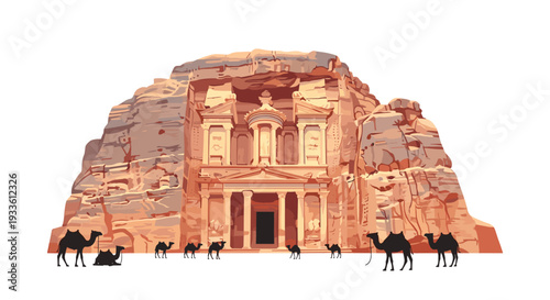 A highly detailed illustration depicts Al-Khazneh (The Treasury) carved into a reddish-brown rock face with camels.