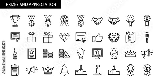 Prizes and Appreciation Line Icons Set for Awards, Recognition, and Success. Outline Reward Symbols.