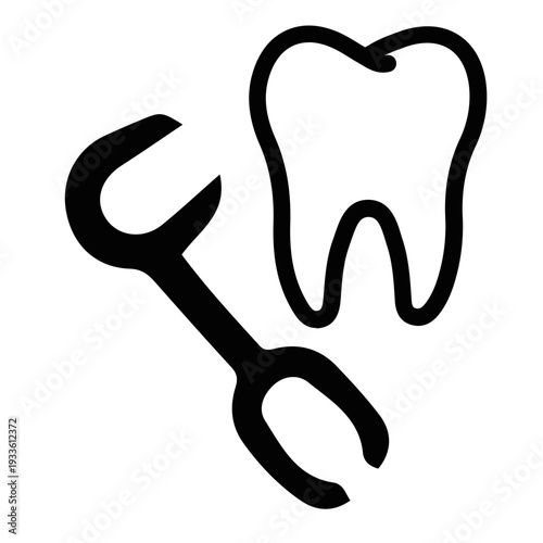 Simple black and white line drawing of a dental tool next to a tooth, representing dentistry and oral hygiene care